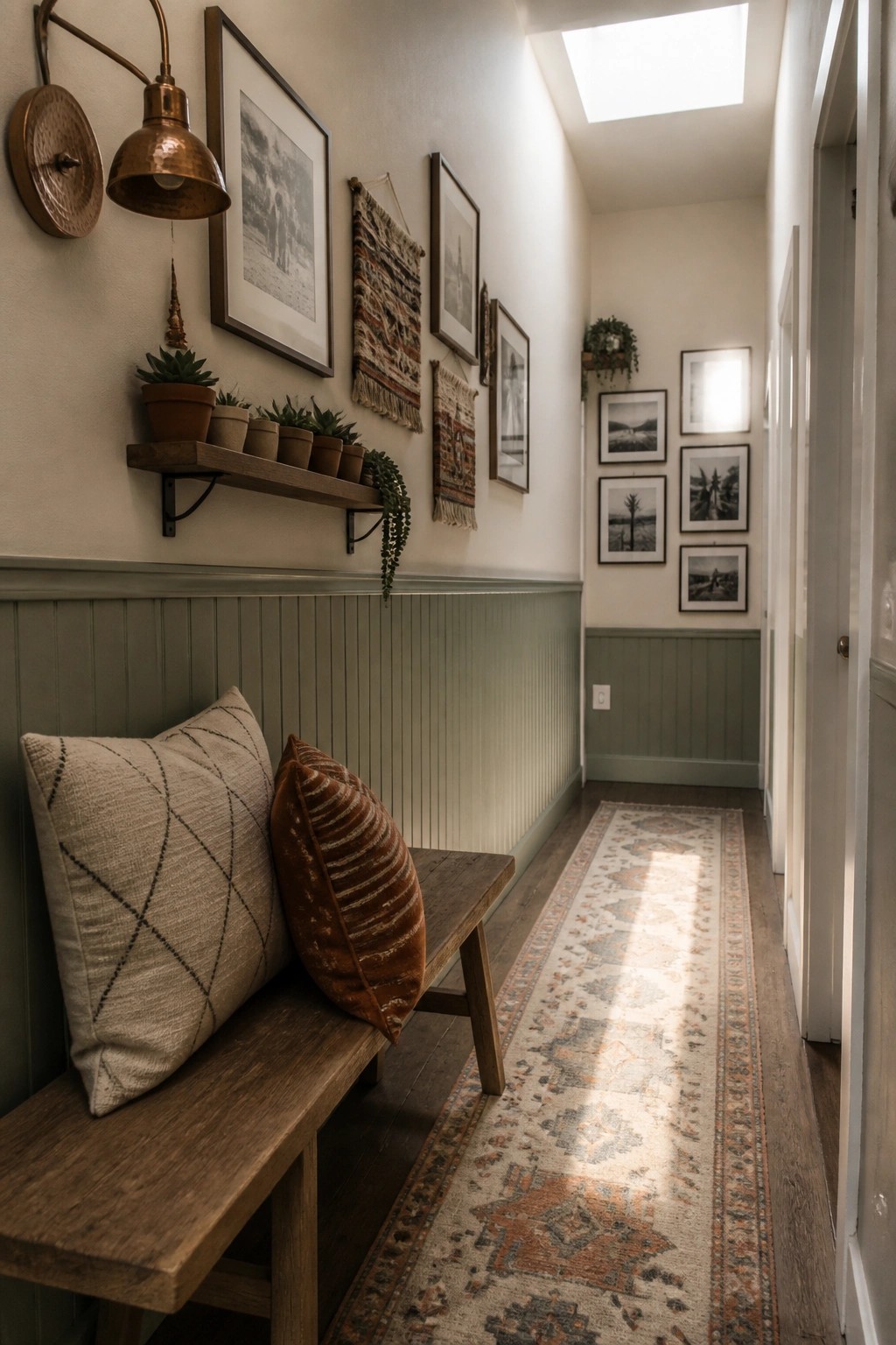 A narrow hallway features a gallery wall with framed photos and woven textiles above a wooden bench with pillows and a shelf holding potted plants.