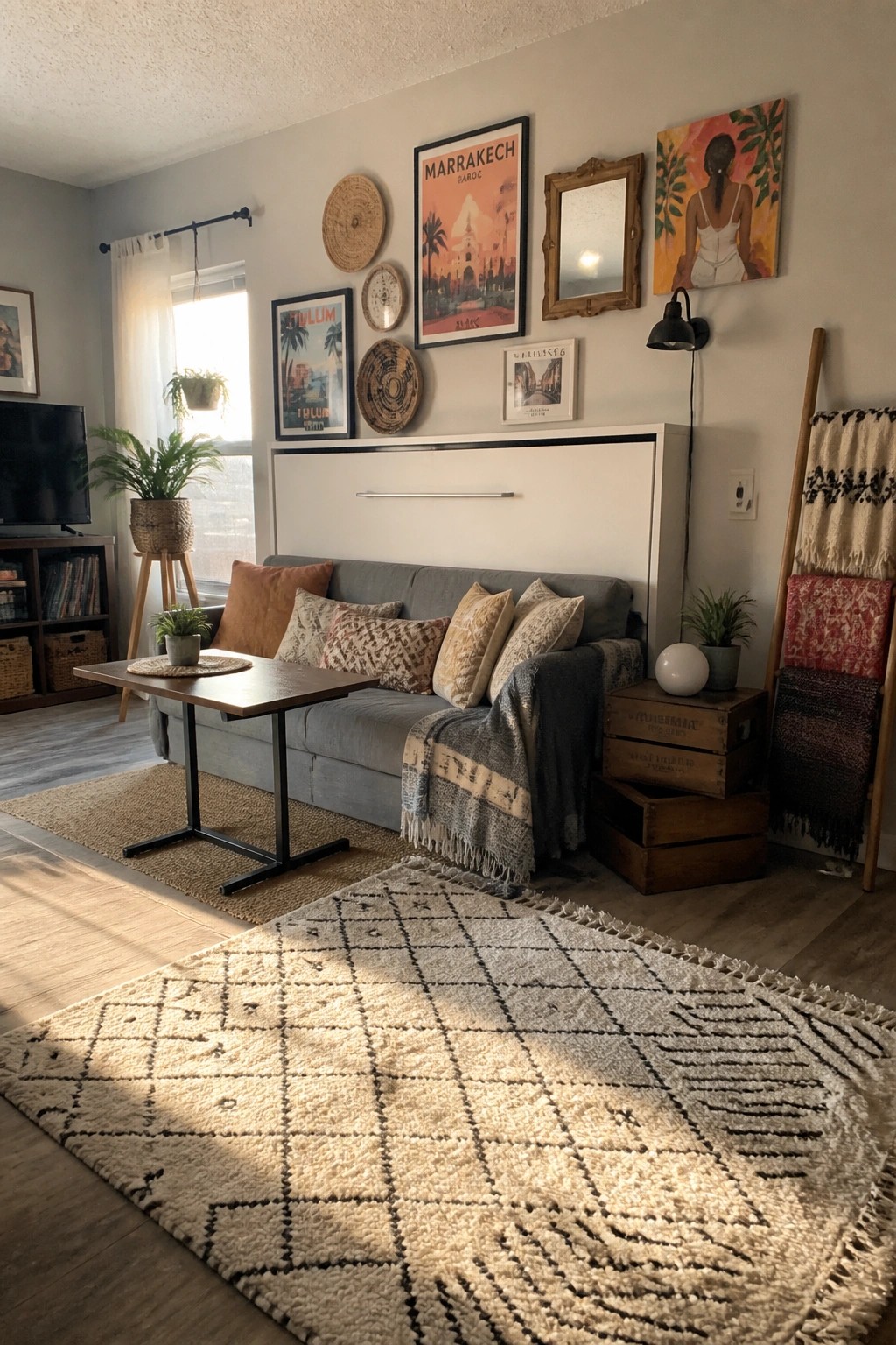 A boho living room gallery wall above a gray sofa displays a Marrakech travel poster, several woven circular pieces, a small framed mirror, and a colorful painting.