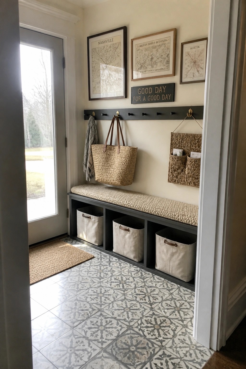 Mudroom with cushioned bench, storage bins, wall hooks, woven tote, and framed maps.
