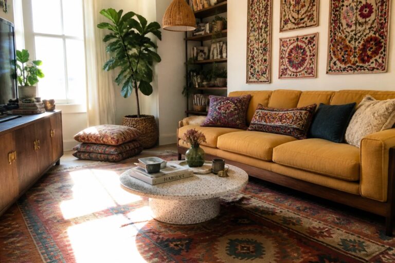 19 Vibrant Boho Living Room Decor Ideas Using Patterned Textiles Cozy living room with mustard yellow sofa, colorful rug, woven tapestries, and round coffee table