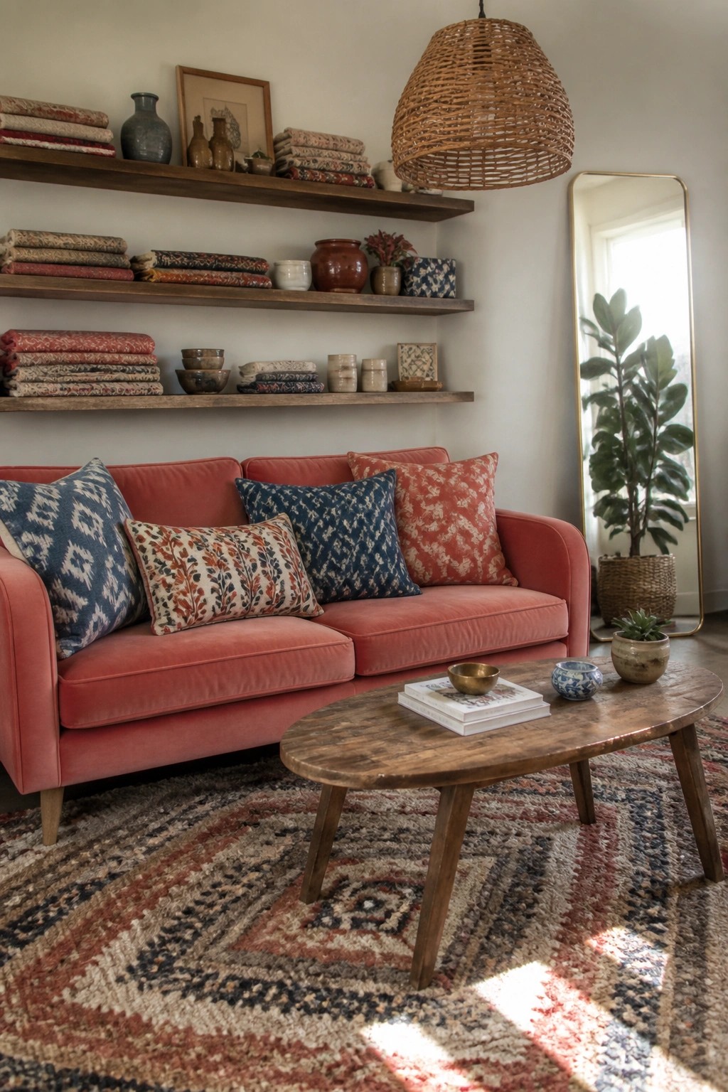 A living room with a coral sofa, patterned pillows, wooden shelves holding stacks of folded textiles, a wooden coffee table on a patterned rug, and a tall mirror.