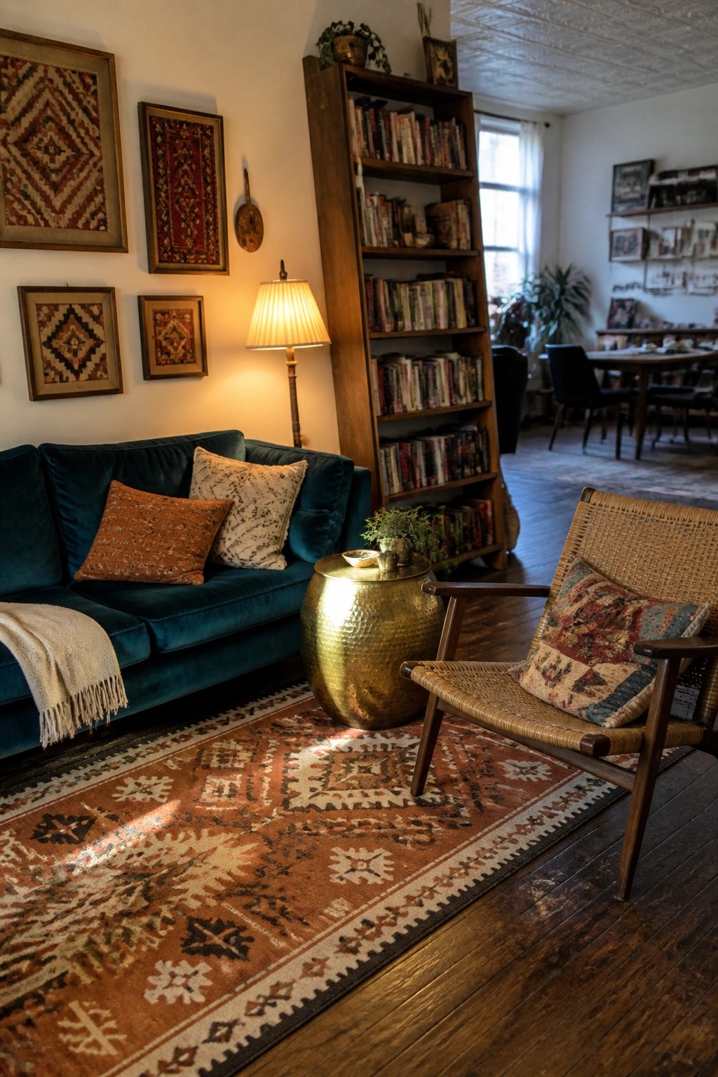 Cozy living room with teal velvet sofa, woven chair, golden table, and patterned rug