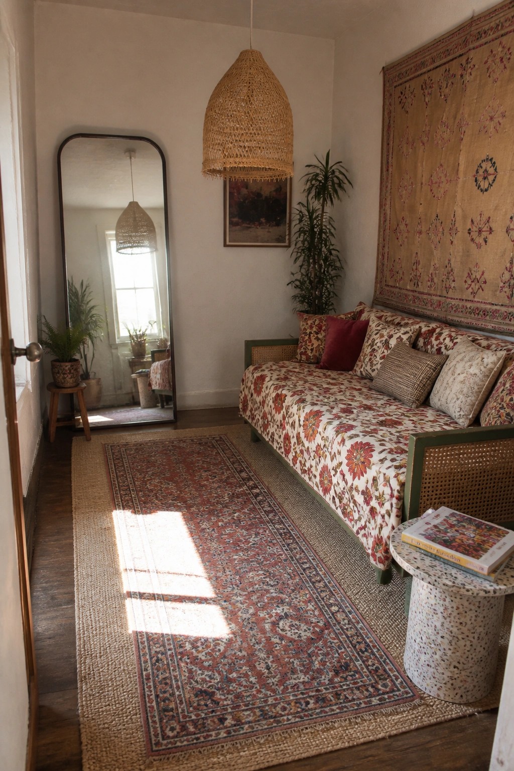 A boho living room features a green-framed daybed with floral upholstery and patterned pillows, a large decorative tapestry on the wall above it, layered rugs on the wood floor, a woven pendant light, and a tall mirror reflecting part of the space.