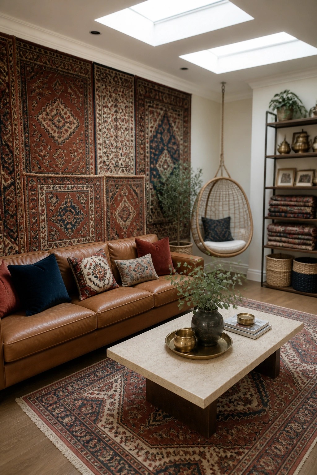 A living room featuring a brown leather sofa in front of a wall covered with multiple overlapping patterned rugs, a hanging wicker chair to the right, and a stone coffee table on a large area rug.