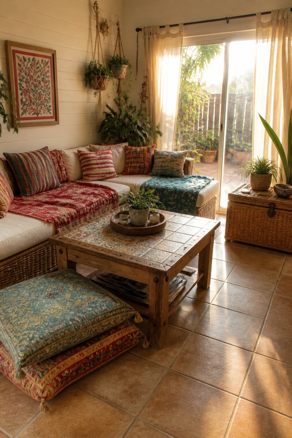 A boho living room with a wicker sectional covered in multiple patterned pillows and throws, a wooden coffee table with tile top, and a large glass door letting in natural light.