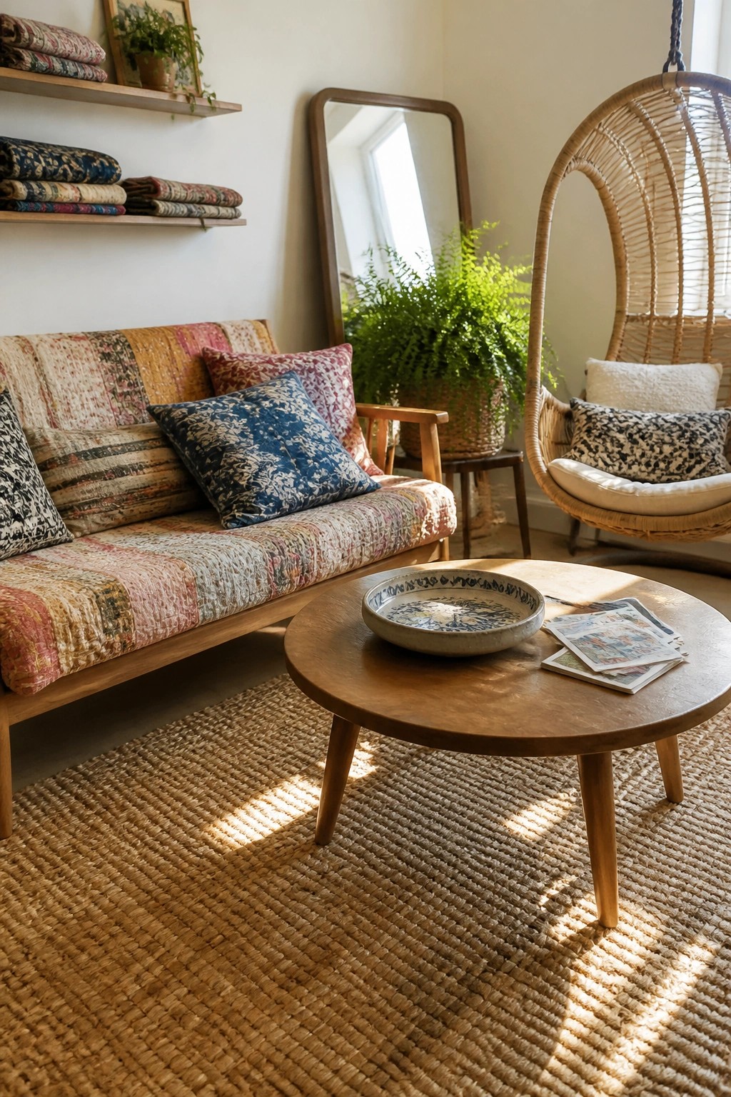 A living room with a wooden sofa upholstered in multicolored patchwork fabric, several patterned pillows, a round wooden coffee table, a woven hanging chair, and a large mirror reflecting plants.