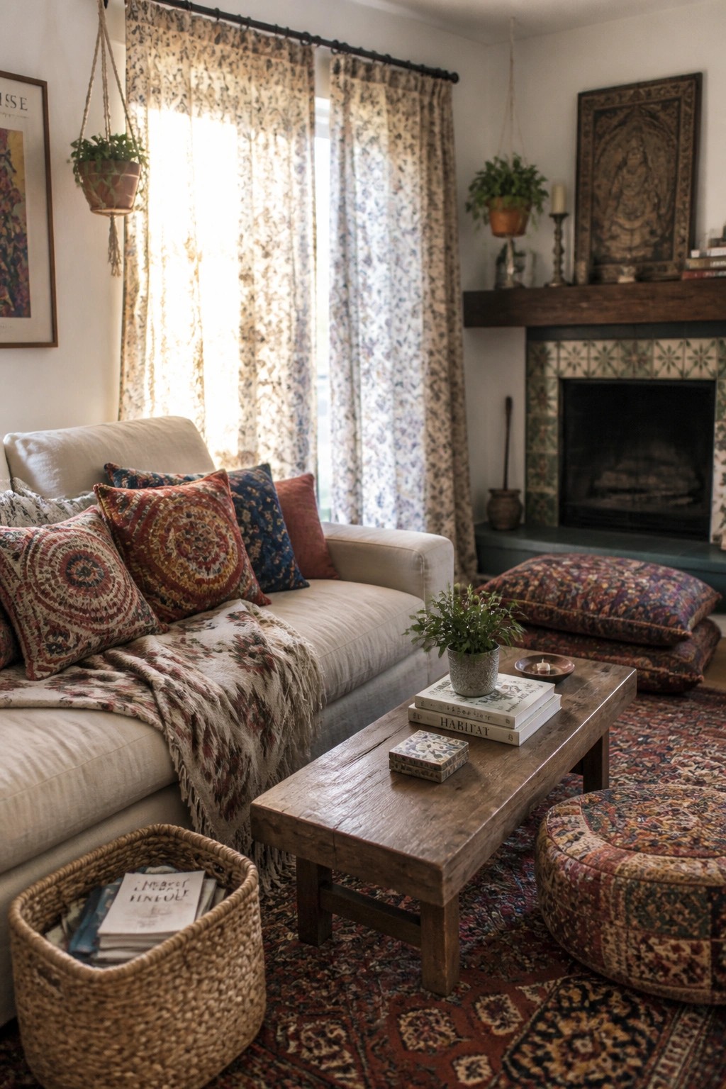 Cozy living room with beige sofa, colorful patterned pillows, rustic wooden table, and tiled fireplace.
