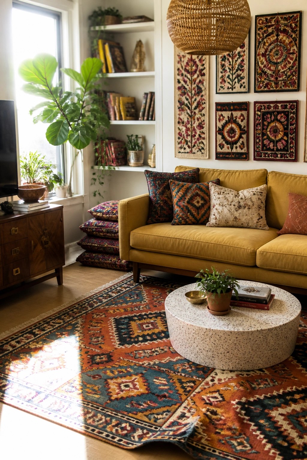 Cozy living room with mustard yellow sofa, colorful rug, woven tapestries, and round coffee table