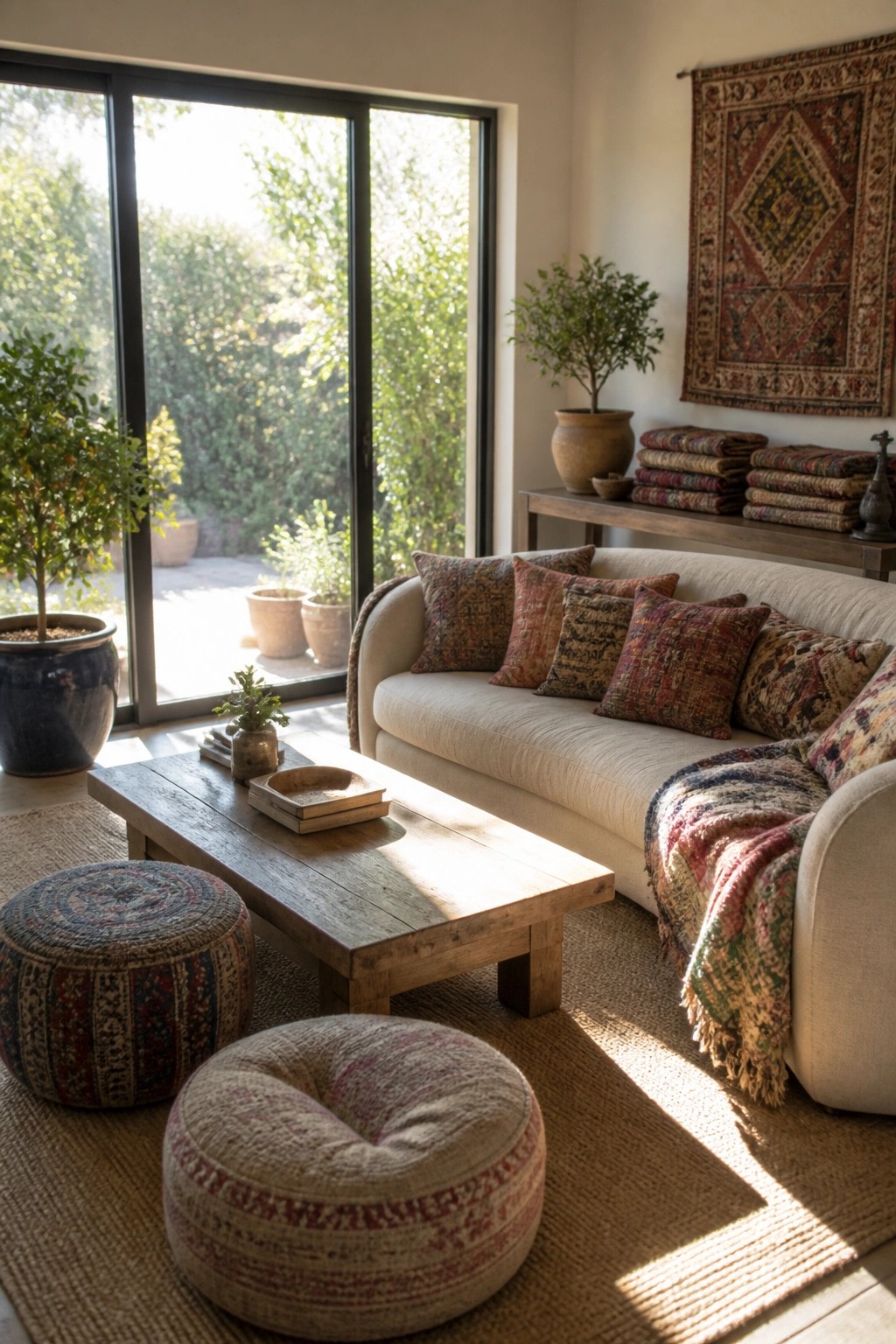 Sunlit living room with beige sofa, wooden table, patterned poufs, and large glass doors.