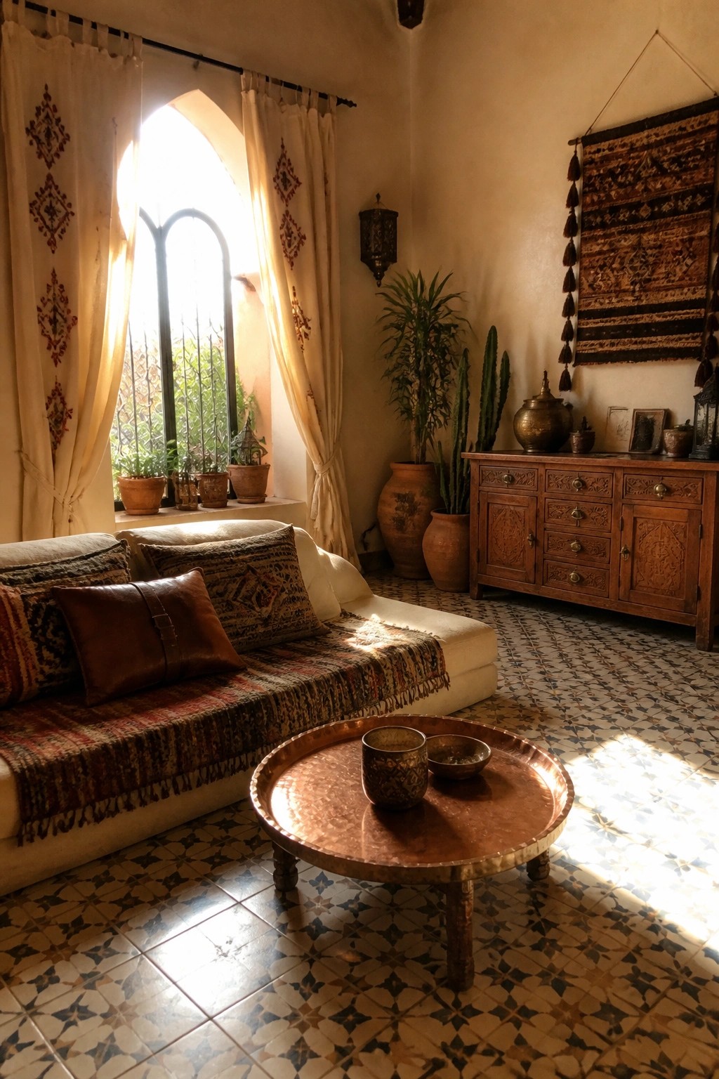 Sunlit Moroccan room with arched window, patterned sofa, copper table, and tiled floor.