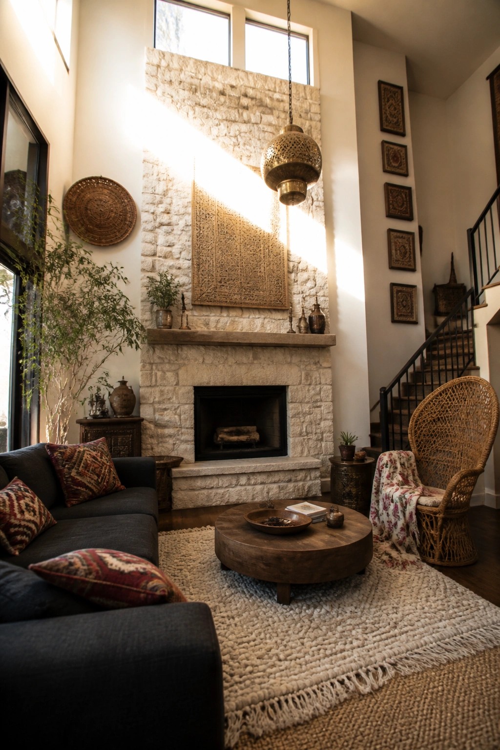 A living room featuring a dark sectional sofa with patterned pillows, a round wooden coffee table on a fringed rug, and a large white stone fireplace.