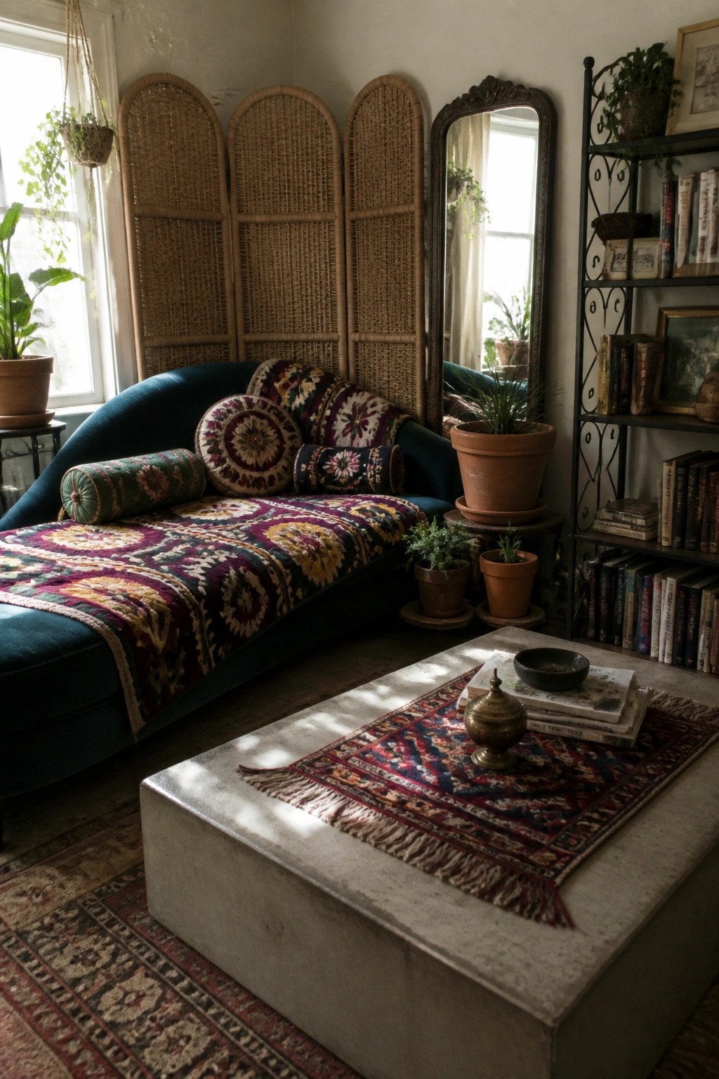 A living room featuring a teal chaise lounge draped with a large patterned textile and several round and cylindrical patterned pillows, next to a concrete coffee table with a small rug on top.