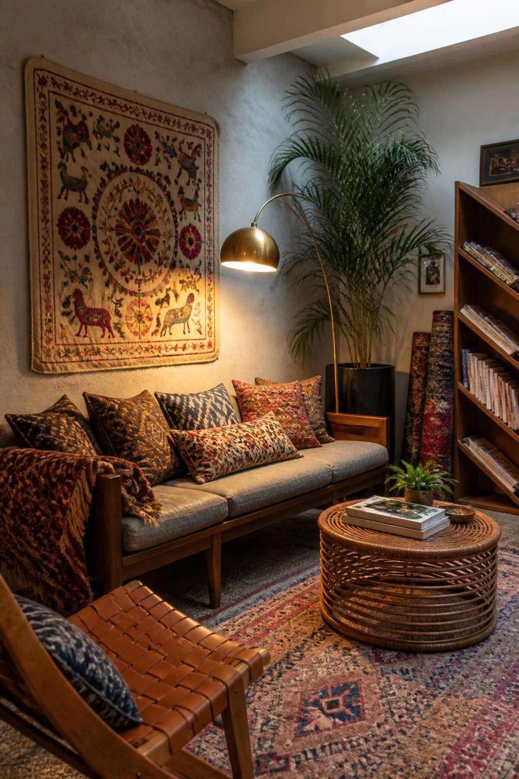 Cozy bohemian nook with patterned sofa, tapestry wall hanging, wicker table, and leather chair.