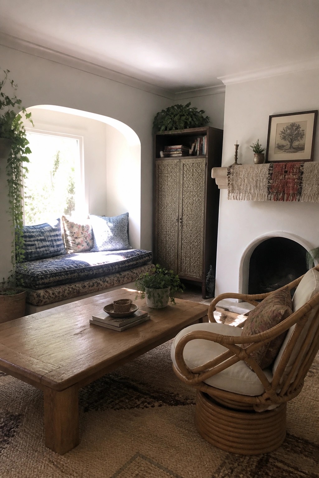 Cozy living room with wooden coffee table, rattan chair, arched window seat, and fireplace
