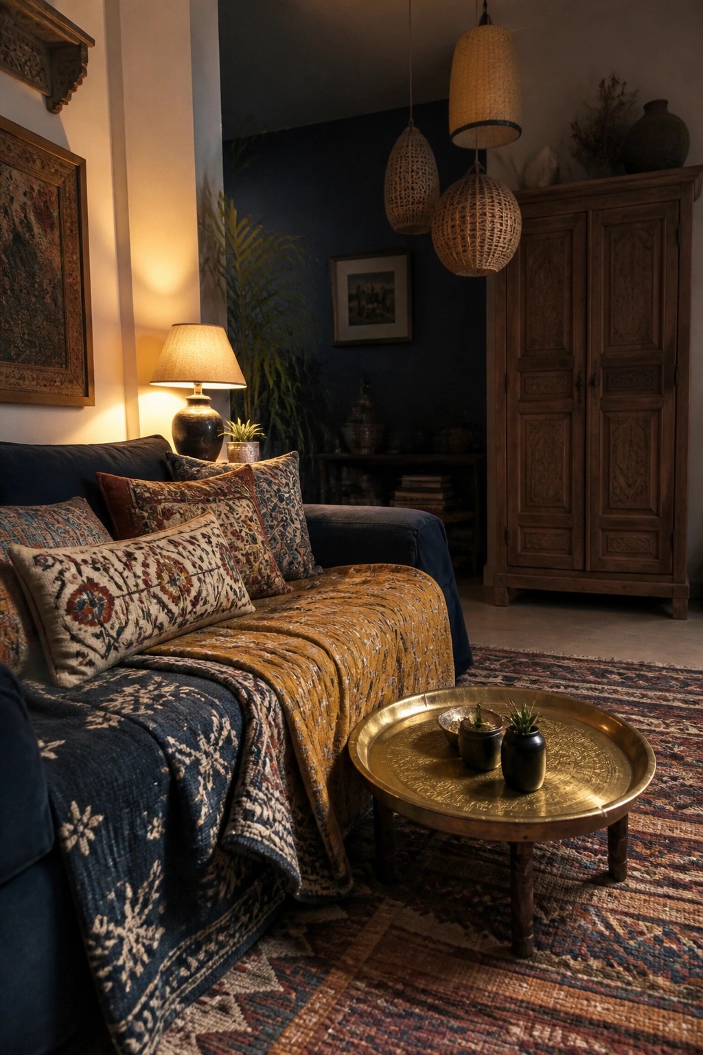 A blue sofa layered with multiple patterned pillows and a mustard throw sits in front of a dark blue wall, with a round brass tray table on a colorful rug.