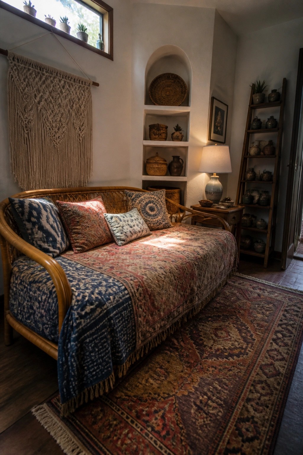A wooden daybed covered with a blue patterned throw and several pillows sits on a large red and blue rug, with built-in shelves and a macrame wall hanging visible in the background.