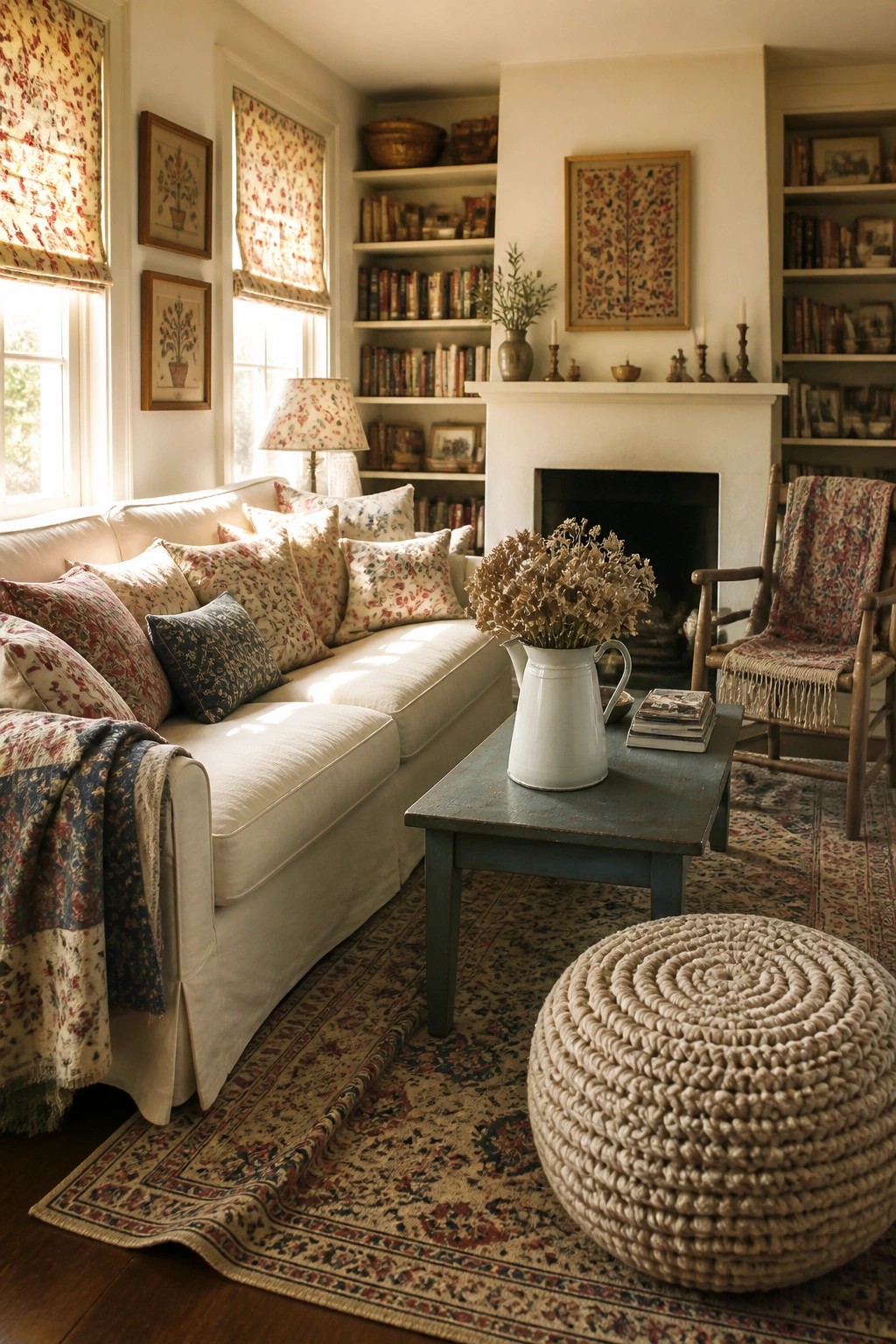 A living room featuring a white sofa with multiple floral and patterned pillows, a blue coffee table holding a white pitcher, a woven ottoman on a patterned rug, and built-in bookshelves flanking a fireplace.