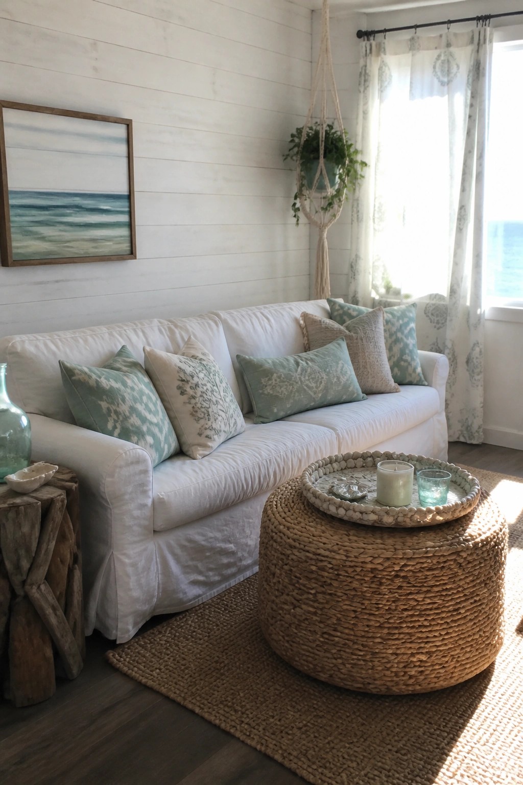 Coastal living room with white sofa, patterned pillows, woven ottoman, and hanging plant.
