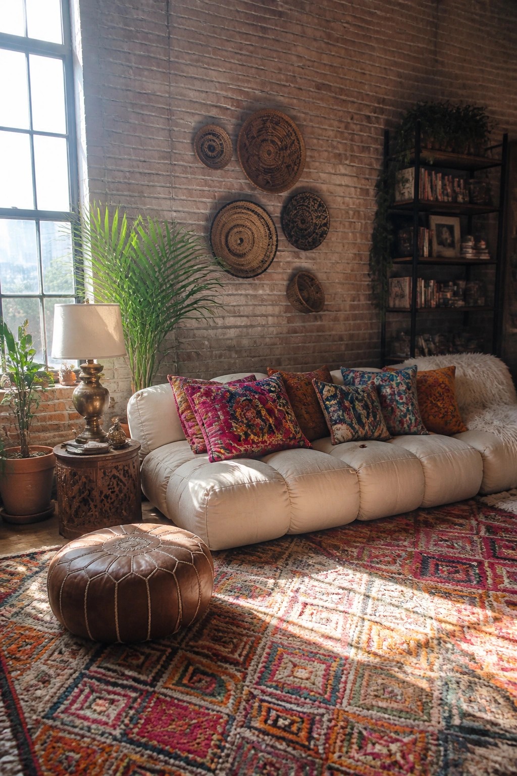 A bright living room with a white modular sofa covered in colorful patterned pillows, a large vibrant rug on the floor, a brown leather pouf, and woven baskets on a brick wall.