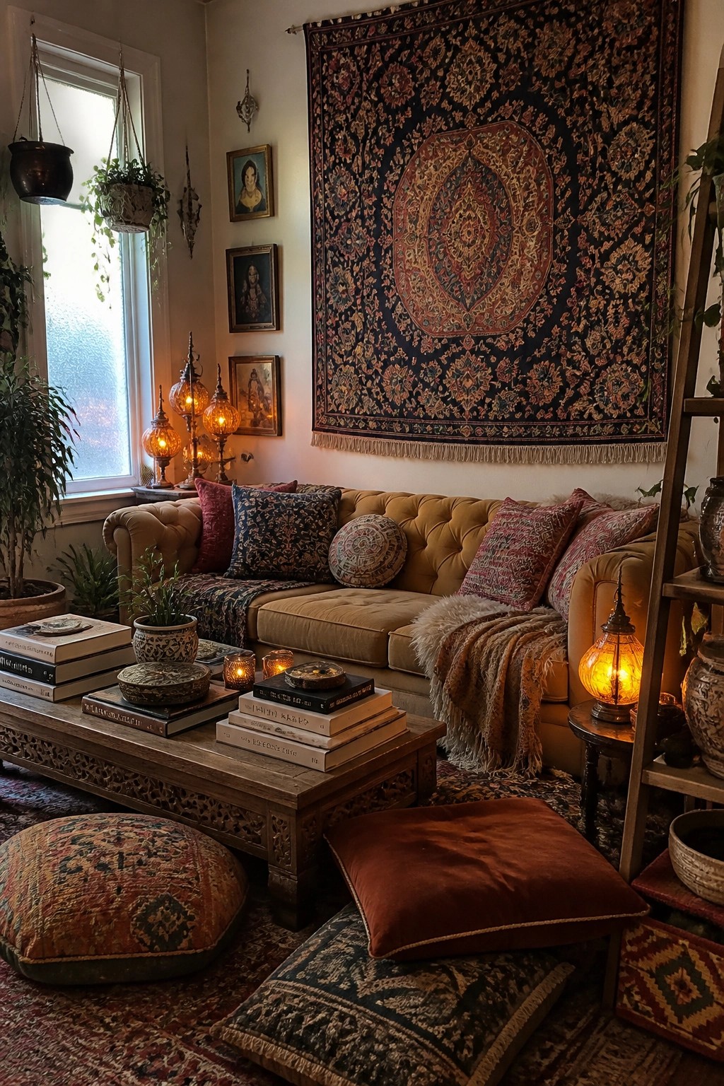A boho living room featuring a mustard sofa with patterned pillows, a large wall tapestry, wooden coffee table with stacked books and decorative items, and multiple glowing amber lamps.