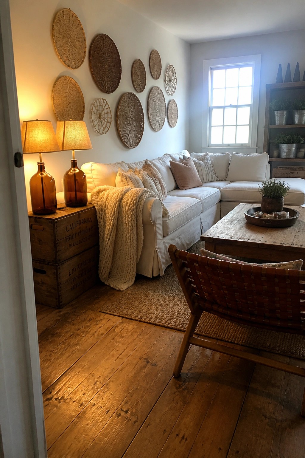 Living room corner with two amber glass lamps on stacked wooden crates beside a white sofa and woven wall hangings.