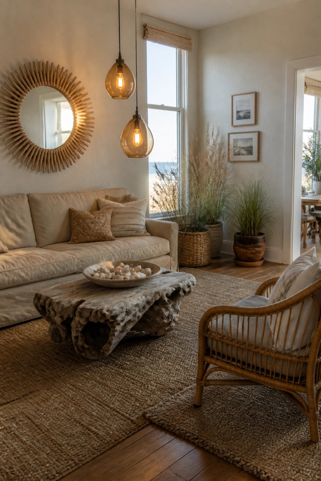 Living room with beige sofa, wooden coffee table on jute rug, rattan chair, and two amber glass pendant lamps.