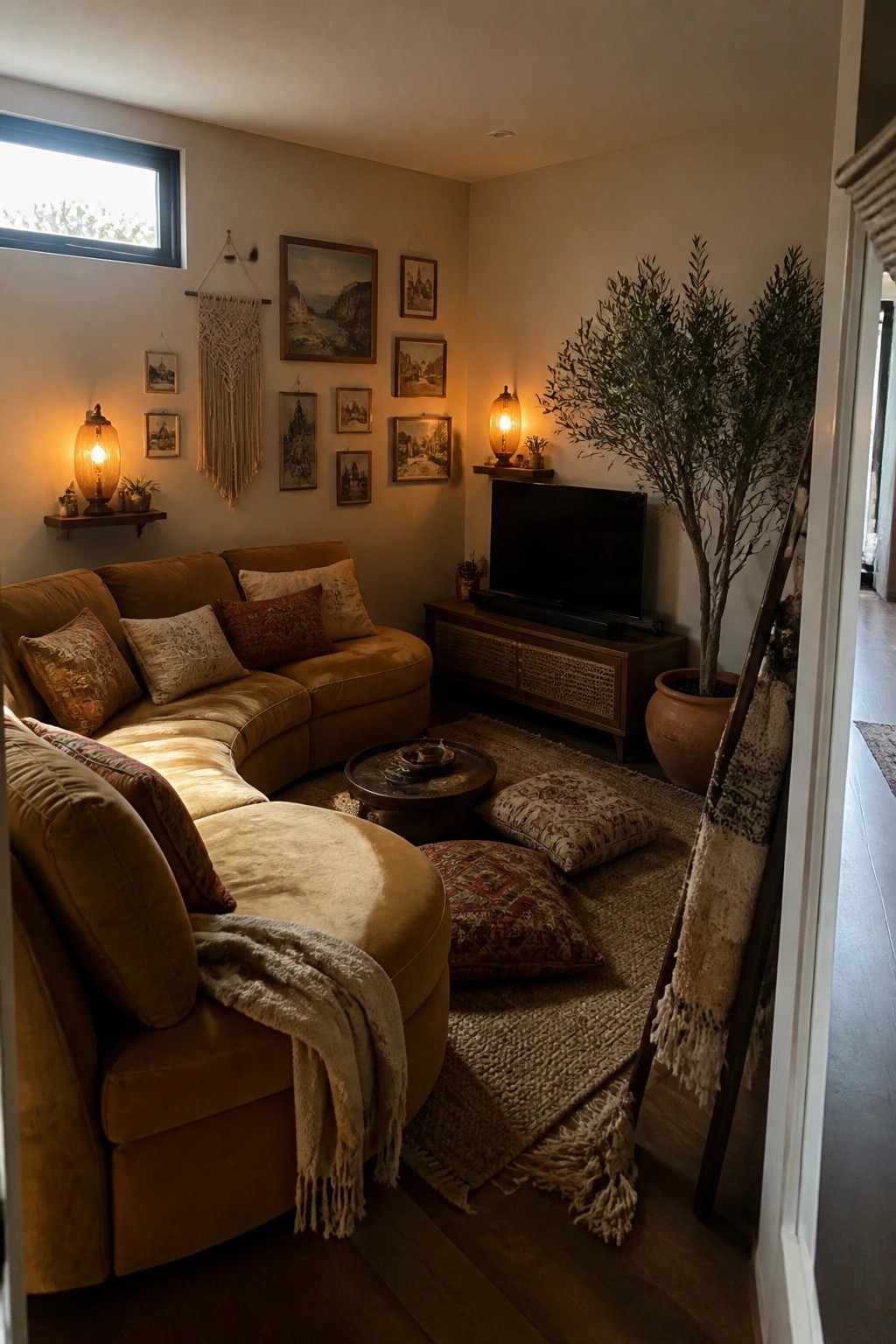 A boho living room with a curved tan sofa, gallery wall of framed art and macrame, two amber lamps, a TV on a wooden console, and a large potted tree.