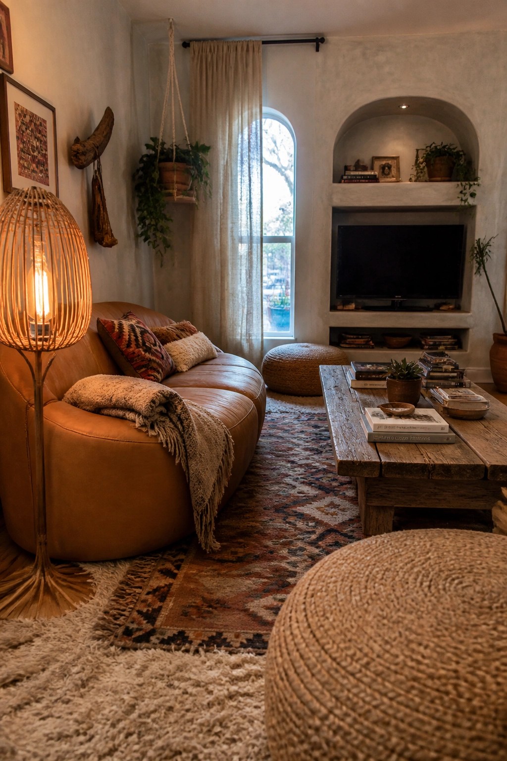 A living room featuring a brown leather sofa, a tall woven floor lamp with an amber glow, a rustic wooden coffee table, layered patterned rugs, and a built-in arched niche with a television.