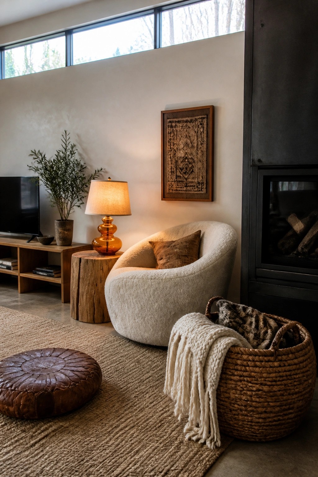 A living room with a white bouclé chair, an amber glass lamp on a wooden stump, a woven basket with blankets, a leather pouf on a jute rug, and a dark fireplace.