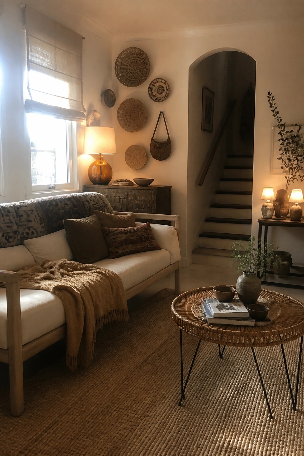 A cozy boho living room with a white sofa, amber glass lamp on a wooden console, woven baskets on the wall, and a round rattan coffee table on a jute rug.