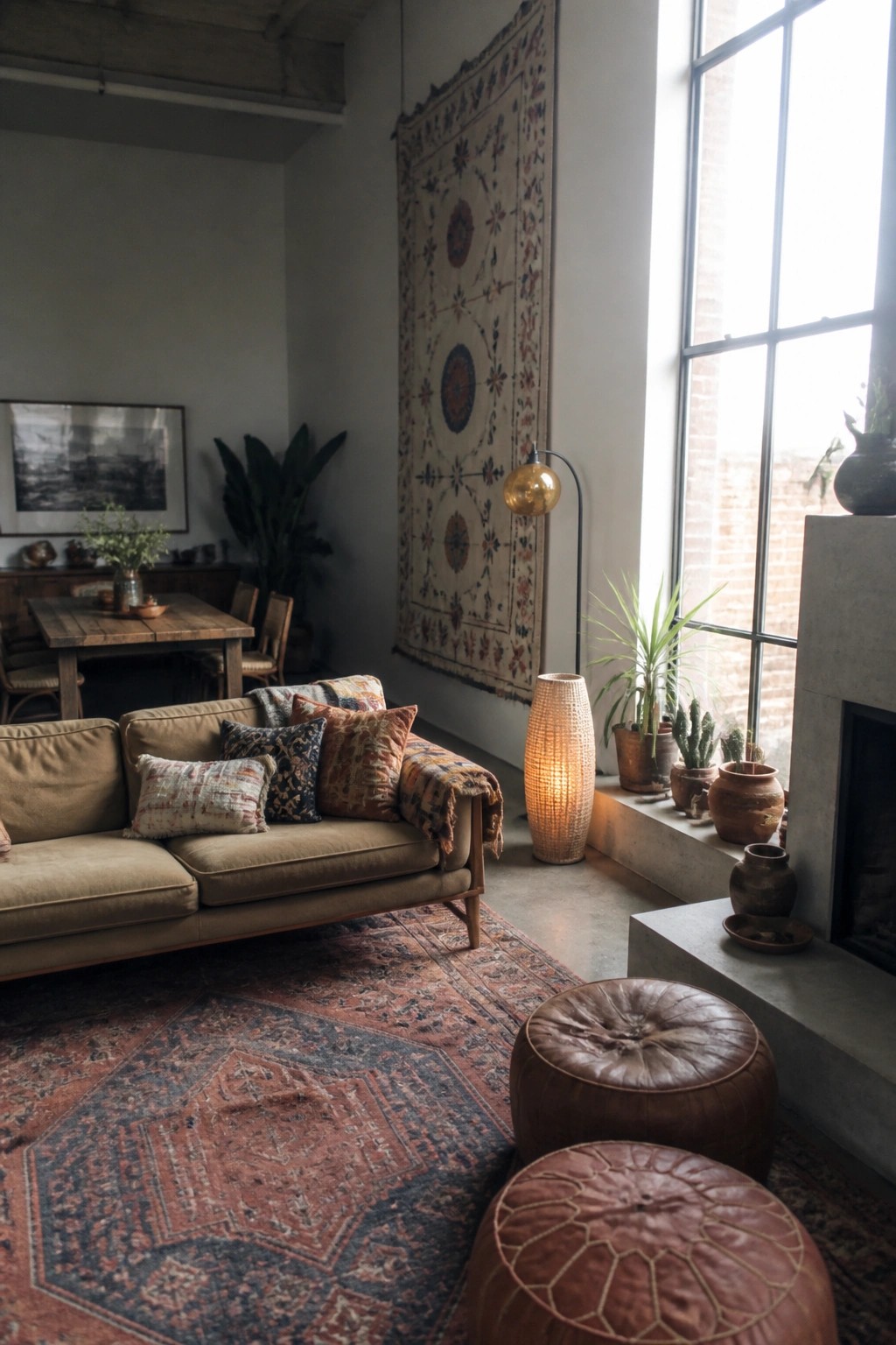 A living room interior with a tan sofa, layered patterned rugs, a large wall tapestry, potted plants, and two glowing floor lamps with amber and woven shades positioned near a large window.