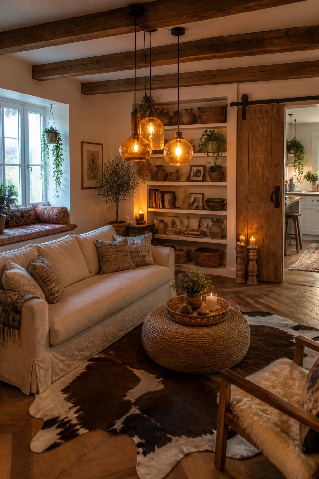 A living room featuring a light-colored sofa on a cowhide rug, a woven ottoman with a tray, built-in white shelves, and three glowing amber glass pendant lights suspended from dark wooden ceiling beams.