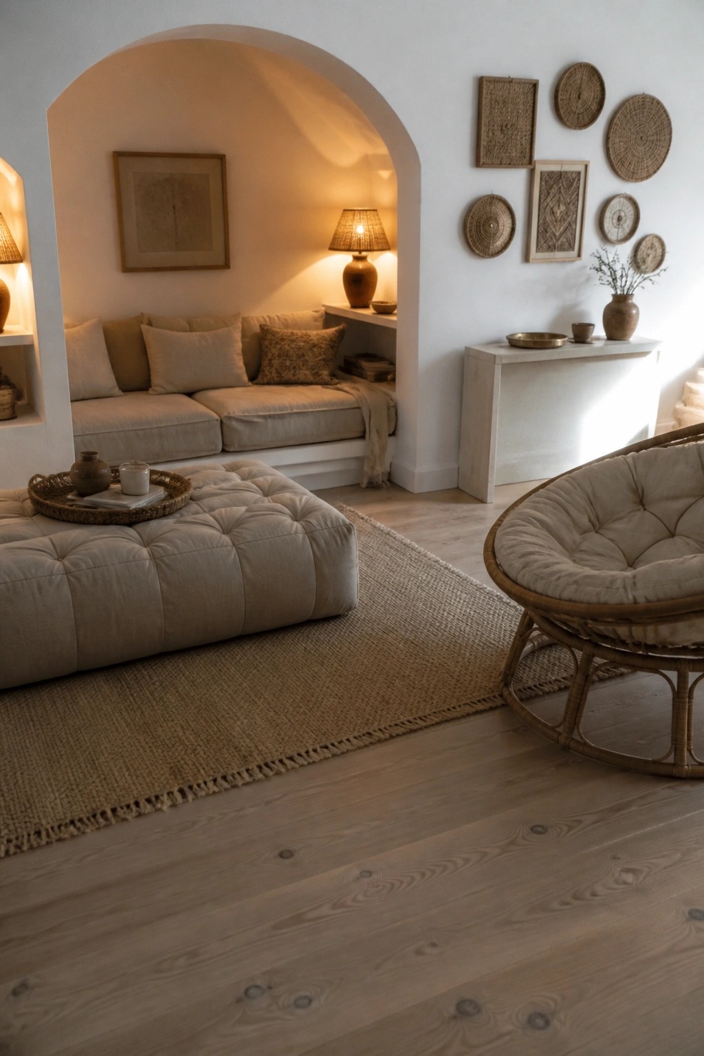 A living room with a built-in arched alcove containing beige sofa seating and a lit amber lamp, next to a woven papasan chair on a jute rug.