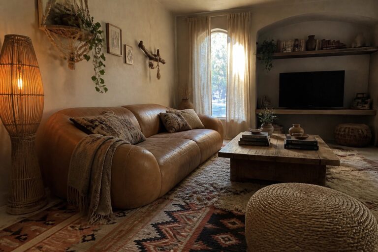 19 Warm Cozy Boho Living Room Ideas Using Amber Lamps and Soft Lighting A living room featuring a brown leather sofa, a tall woven floor lamp with an amber glow, a rustic wooden coffee table, layered patterned rugs, and a built-in arched niche with a television.