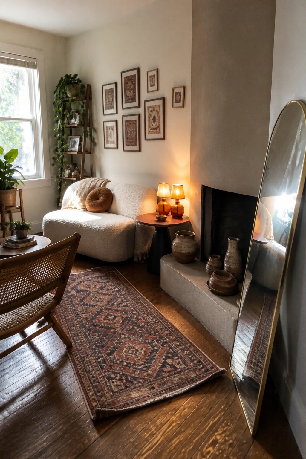 A living room with a white sofa, patterned rug, concrete fireplace, and two glowing amber lamps on a round side table next to a tall mirror.
