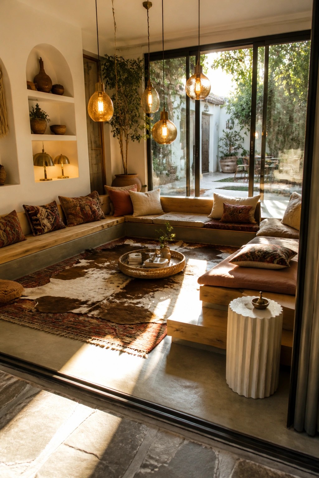 A boho living room interior with built-in wooden seating, layered rugs, pillows, and multiple glowing amber glass pendant lamps hanging from the ceiling above the seating area.