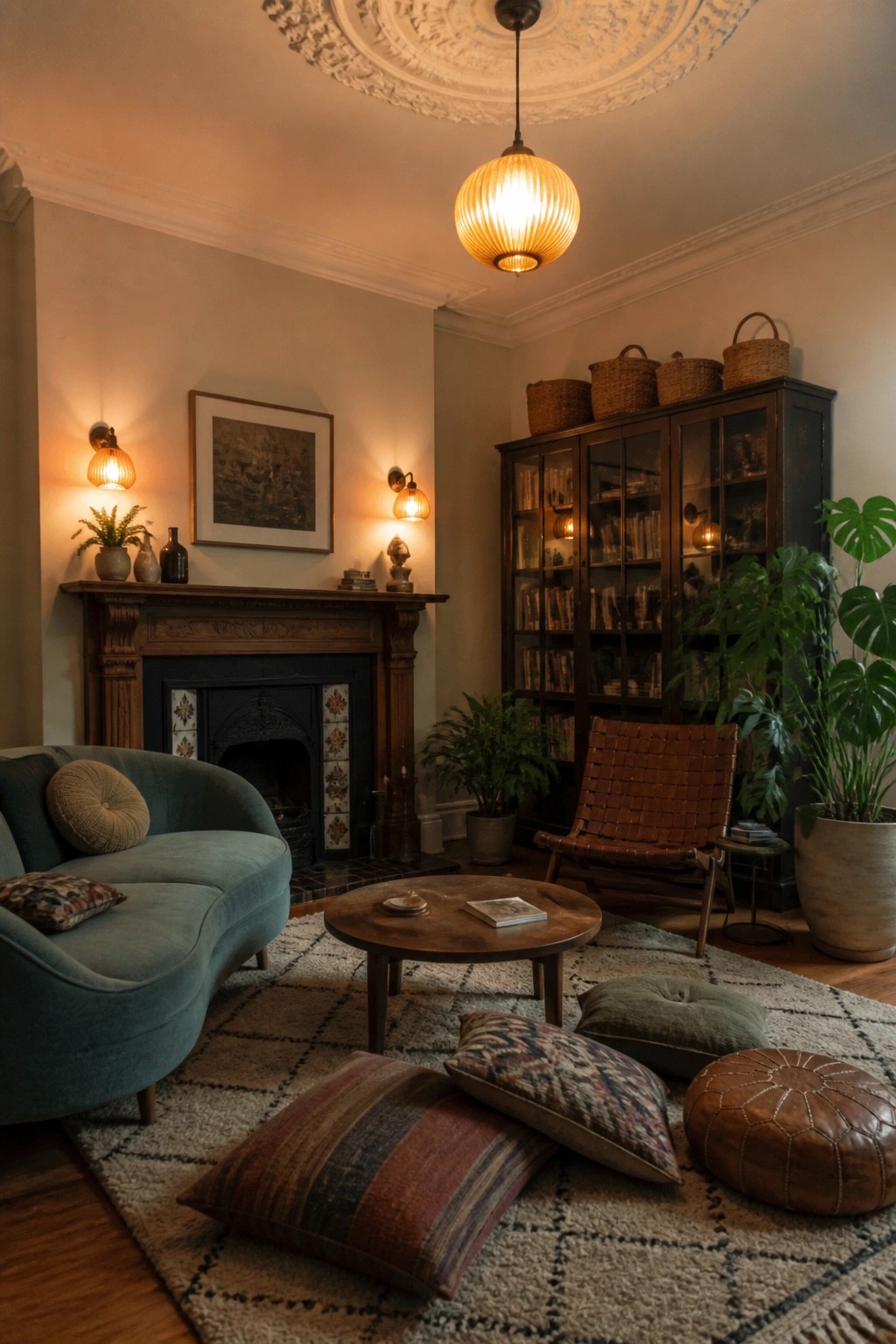 A living room scene showing a curved blue sofa, round wooden coffee table, and scattered floor cushions plus a brown leather pouf on a large patterned rug, with warm lighting from wall sconces and a ceiling pendant.