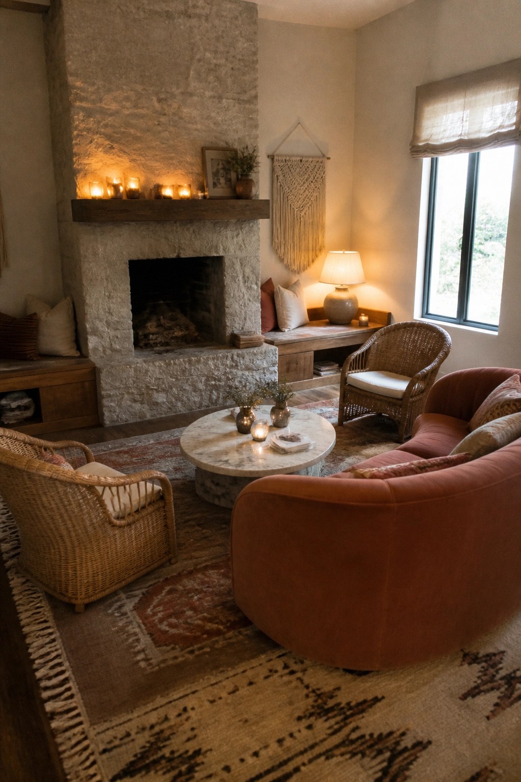 Cozy living room with stone fireplace, wicker chairs, rust sofa, and marble coffee table