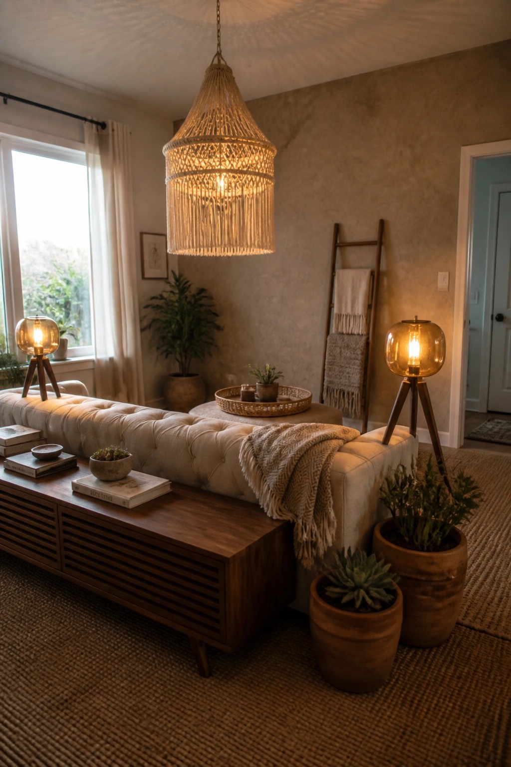A living room with a large woven pendant light, two amber glass lamps on wooden tripods, a tufted sofa, wooden coffee table, and several potted plants on a woven rug.