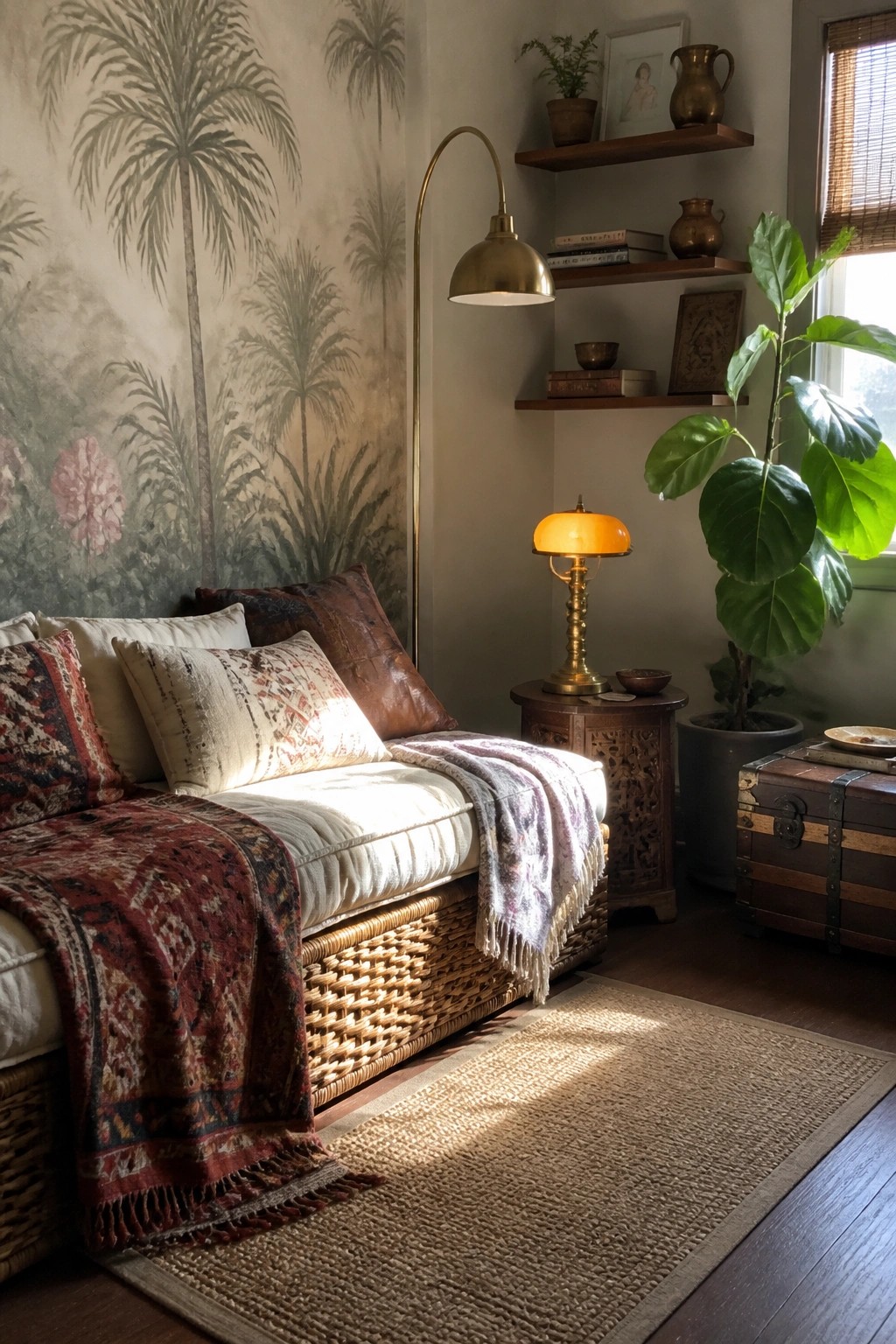 A boho-style room corner featuring a wicker daybed with patterned cushions and throws, a brass floor lamp, an amber glass table lamp on a carved wooden side table, wall shelves with books and pottery, a large potted plant, and a woven rug on dark wood flooring.