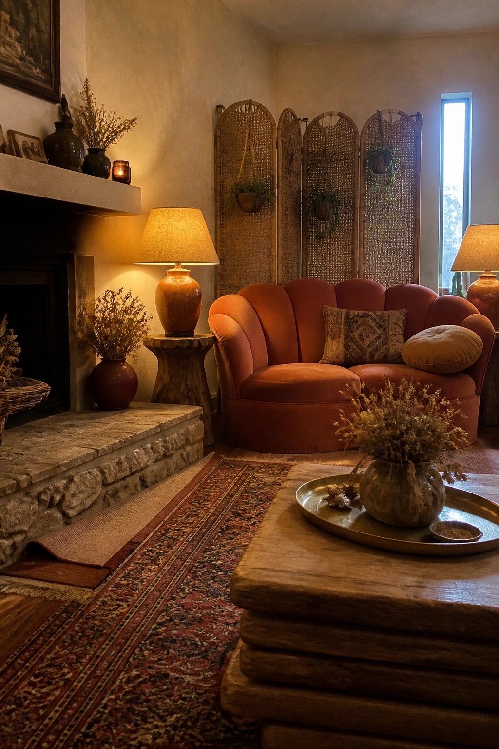 A living room featuring a red curved sofa, two amber lamps on wooden tables, a stone fireplace, and woven folding screens.