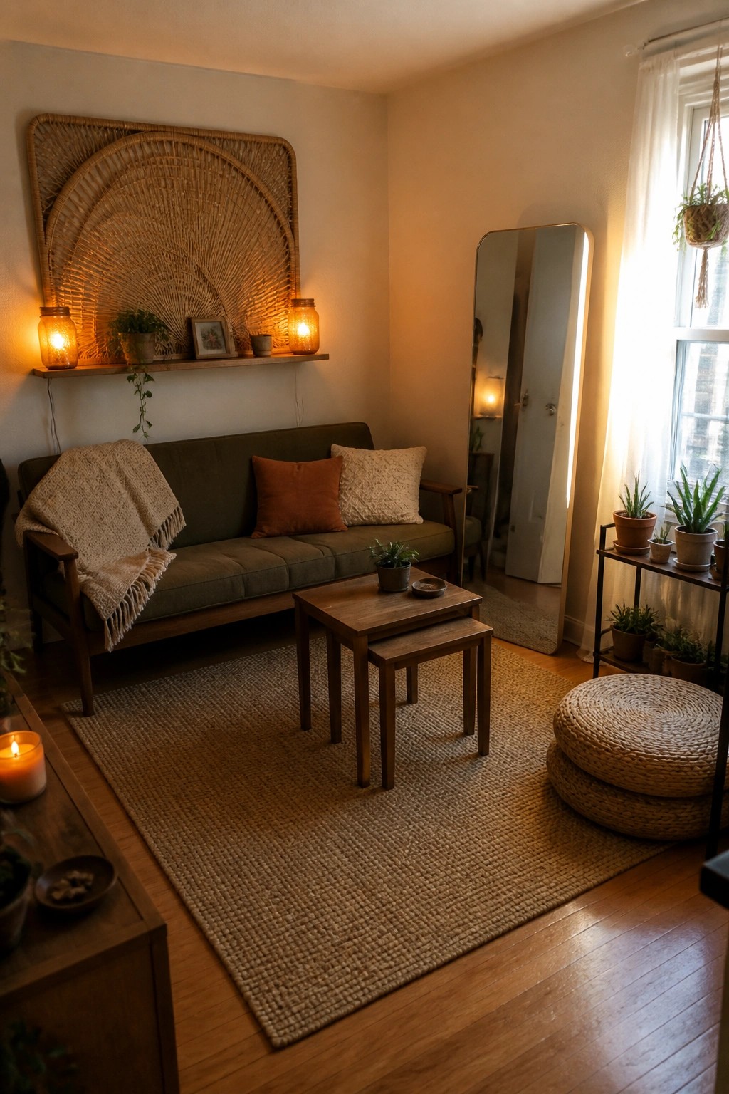 A boho living room featuring a green sofa, wooden nesting tables, a woven wall hanging, and several glowing amber glass lamps on a wooden shelf.