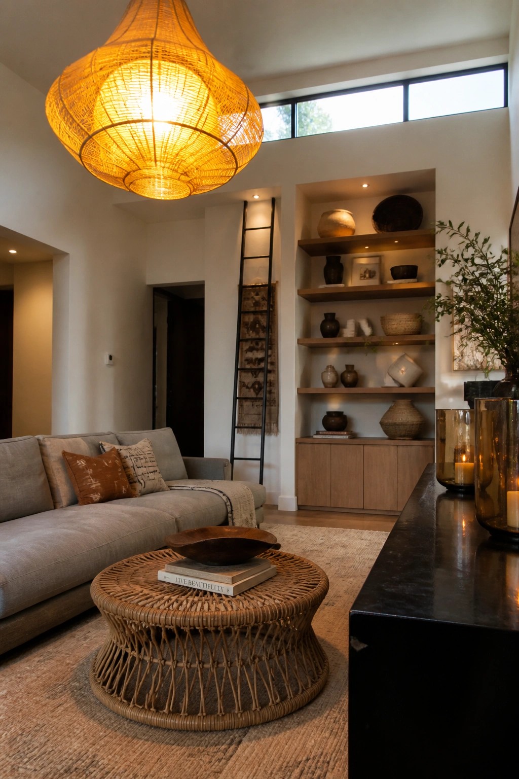 A living room interior with a large glowing woven amber pendant lamp hanging above a round rattan coffee table, gray sofa, and built-in wooden shelves with decorative objects.