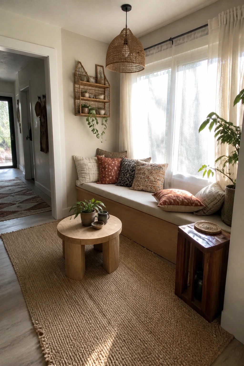 A living room corner featuring a built-in light wood window seat with multiple pillows, a round wooden coffee table on a woven rug, sheer curtains on large windows, and a small wooden side table.