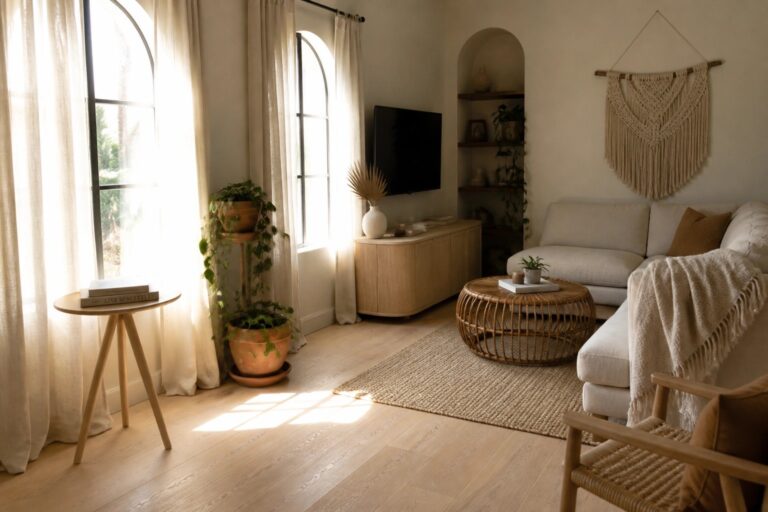 A bright living room interior with sheer white curtains on a large arched window, light wood flooring, a light-colored sofa, woven coffee table, macrame wall hanging, and multiple potted plants.