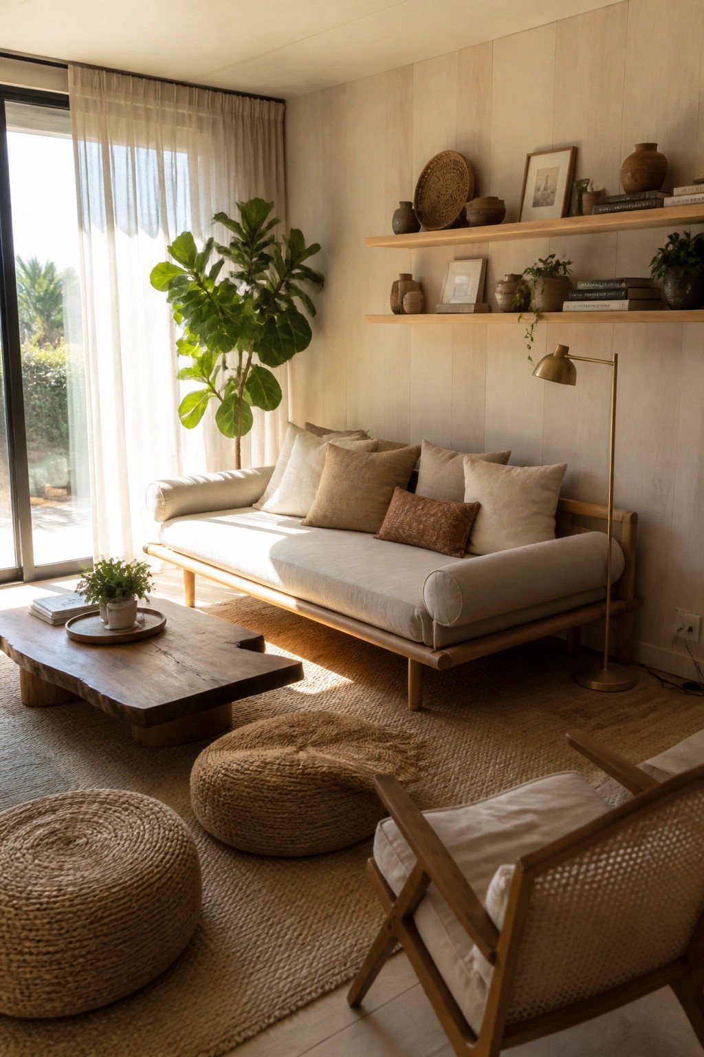 A bright living room with a light wood sofa, sheer white curtains on a large glass door, a wooden coffee table, and woven floor cushions on a jute rug.