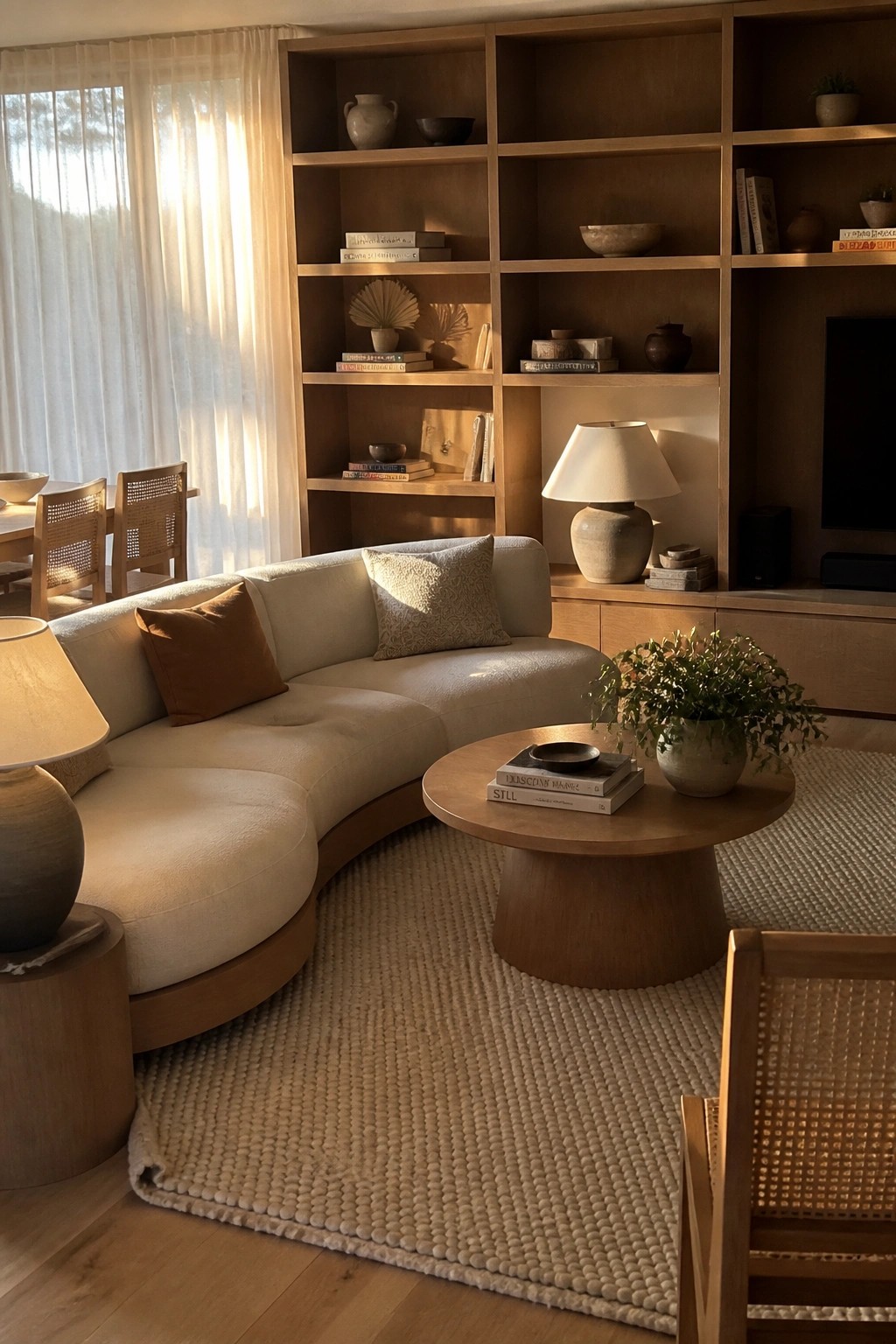 Cozy living room with curved beige sofa, round wooden table, and built-in shelves.