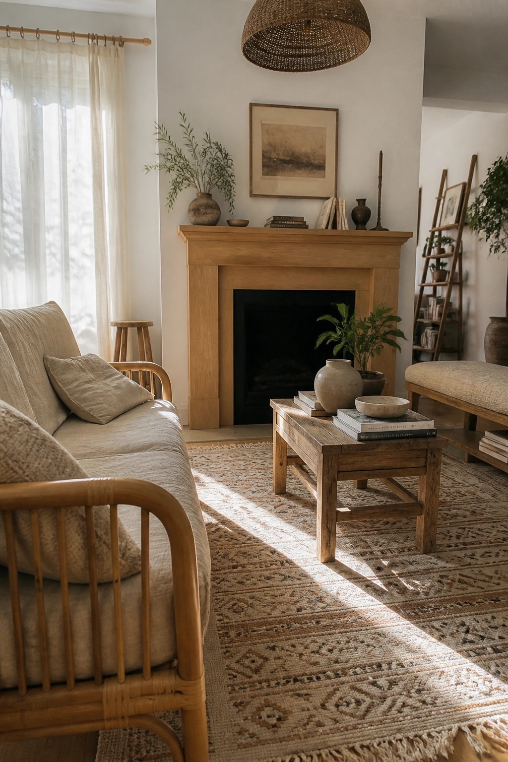 A living room featuring a light wood fireplace mantel, rattan sofa with beige cushions, wooden coffee table, patterned area rug, and sheer white curtains on a window.
