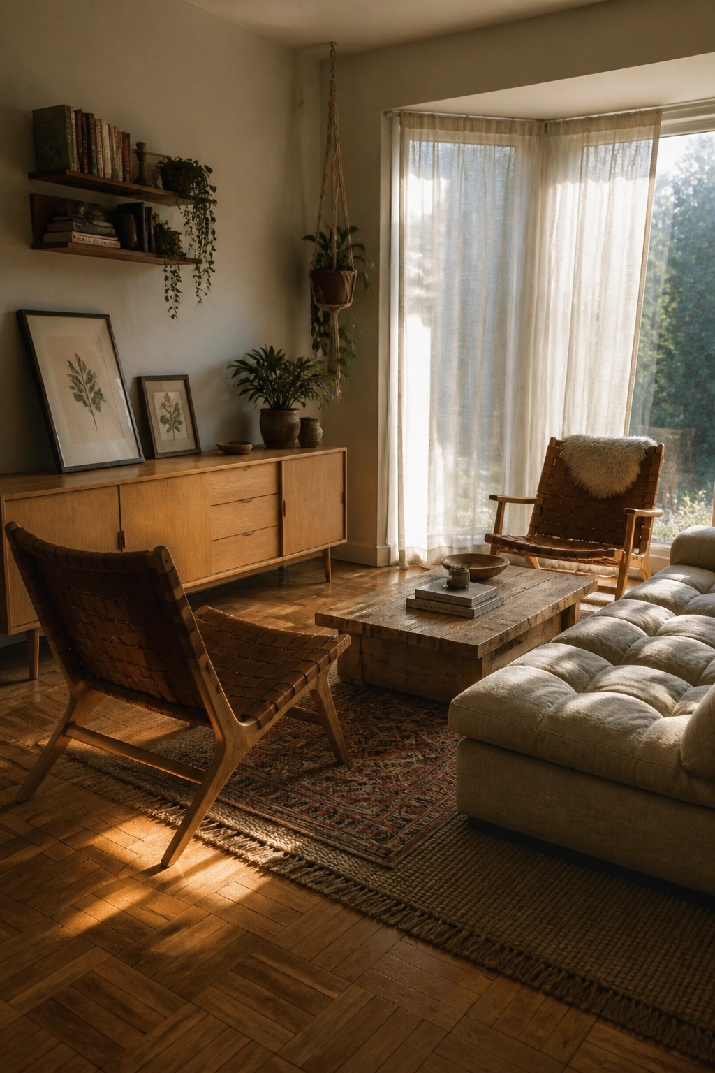 A living room with light wood furniture, two woven leather chairs, a low wooden coffee table, sheer white curtains on a large window, and a patterned rug on hardwood floors.