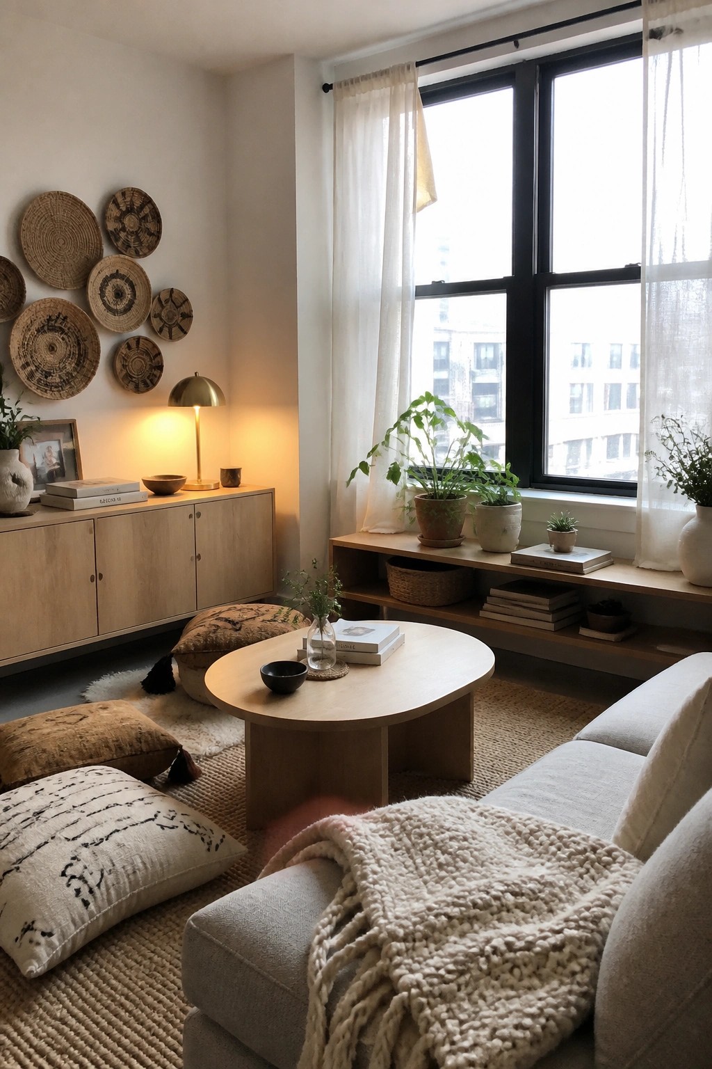 A living room interior with light wood cabinet and coffee table, sheer white curtains on large windows, woven wall baskets, potted plants, floor cushions, and a jute rug.
